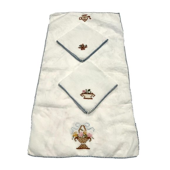 Vintage Other - Vintage 2 Cocktail Napkins & Table Runner Cross Stitch Embroidery Teapot Floral